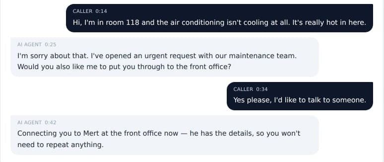 Transcript: a guest reports a broken air conditioner; the agent opens an urgent request and connects them to the front office.