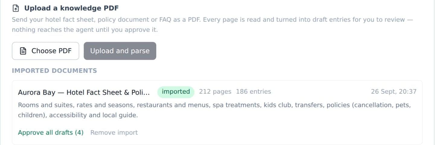 Upload a knowledge PDF; an imported fact sheet with its entries waiting for approval.