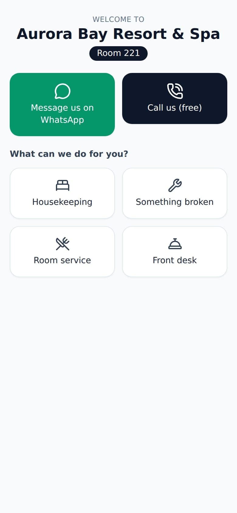 Room page: WhatsApp, a free call, housekeeping, maintenance, room service and front desk.